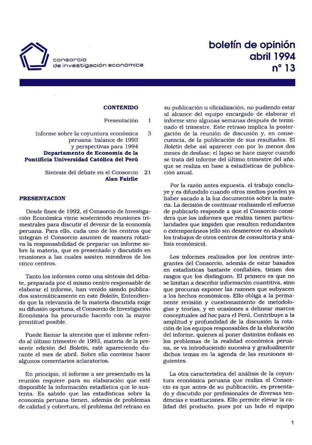 Boletín de opinión: Análisis de la economía peruana, balance 1993 y perspectivas 1994