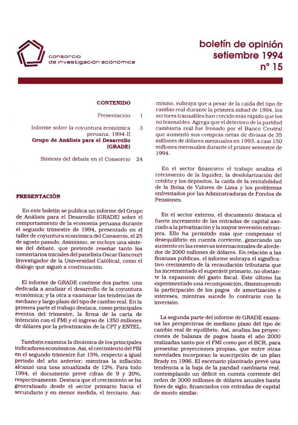 Boletín de opinión: Análisis de la economía peruana, 1994-II