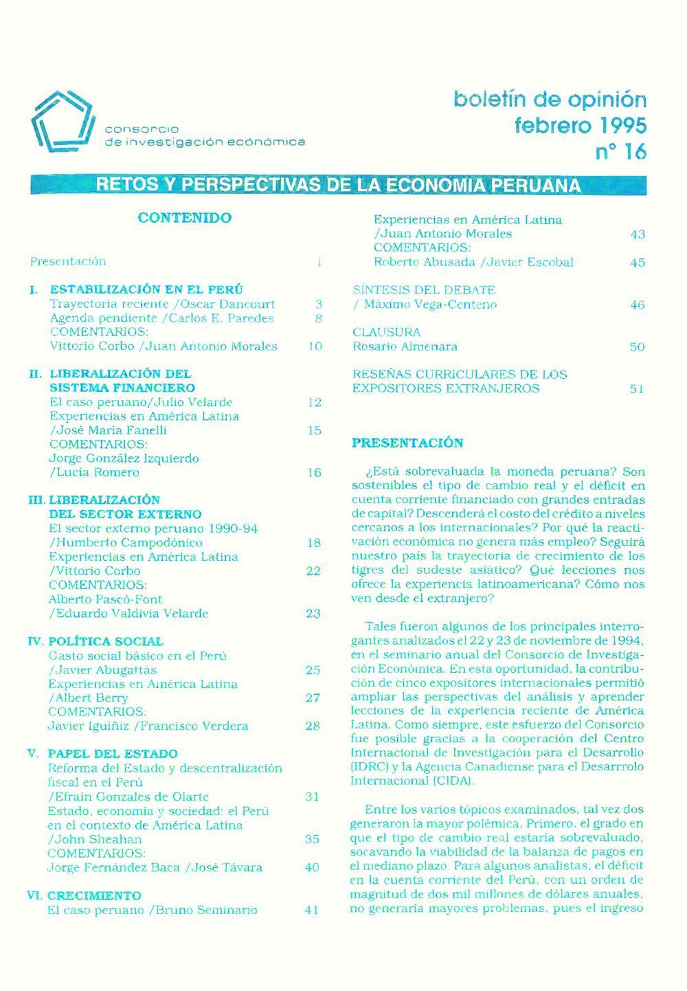 Boletín de opinión: Retos y perspectivas de la economía peruana – III Seminario Anual CIES 1994