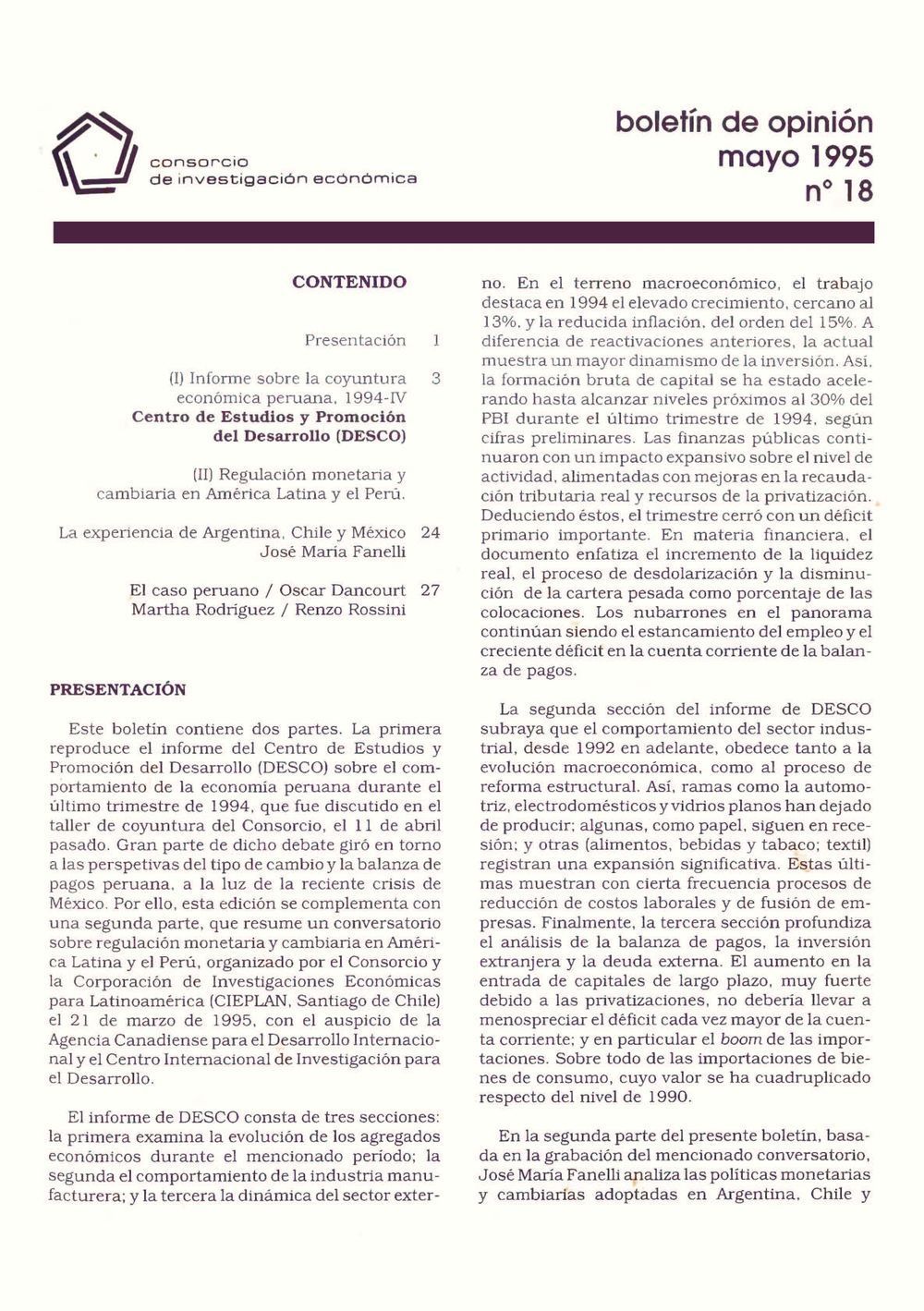 Boletín de opinión: Análisis de la economía peruana, 1994-IV