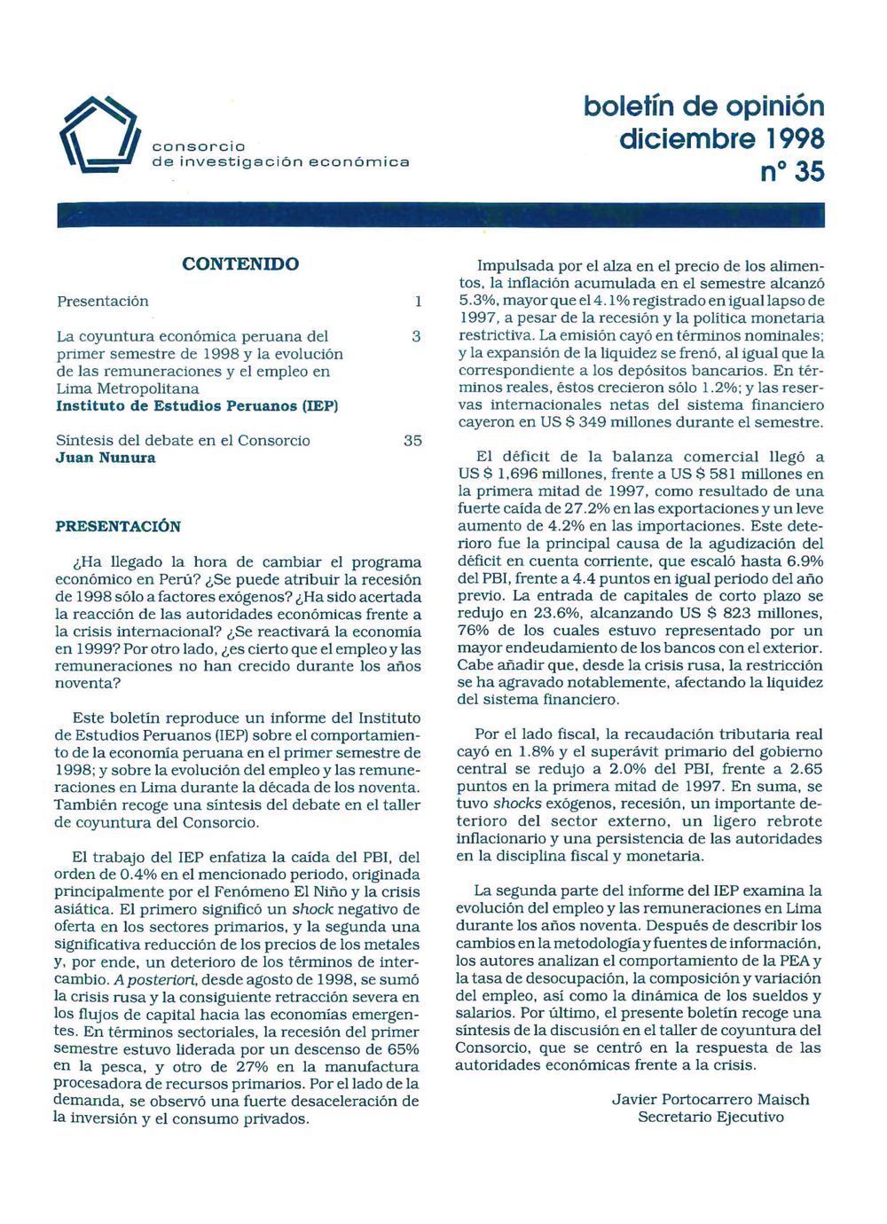 Boletín de opinión: Análisis de la economía peruana, 1998-I