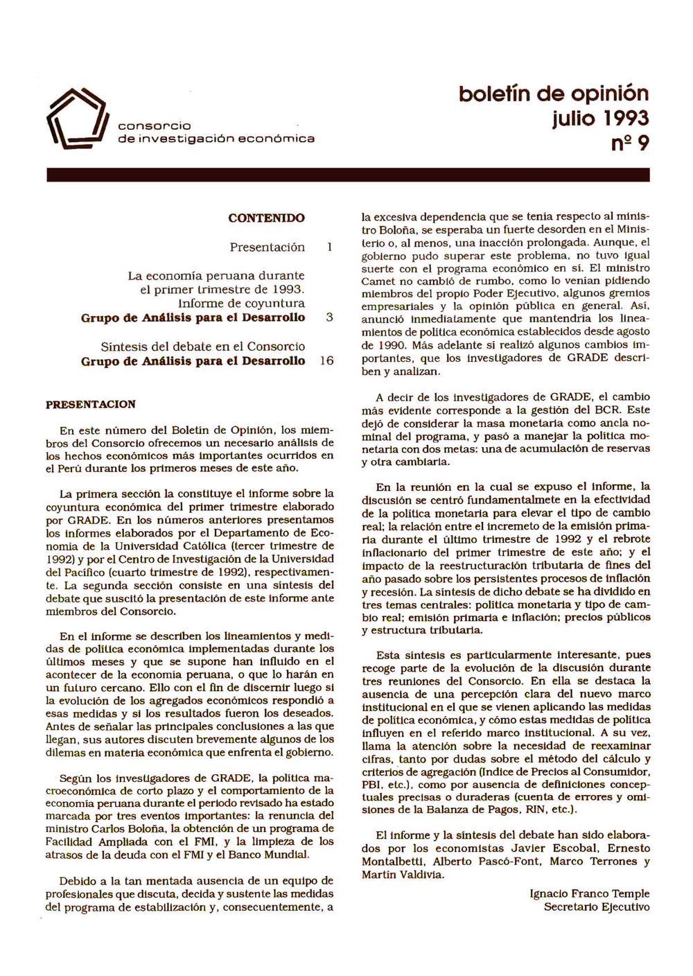 Boletín de opinión: Análisis de la economía peruana, 1993-I