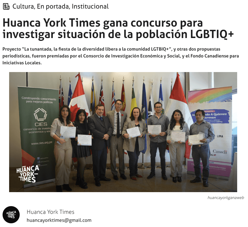 Huanca York Times gana concurso para investigar situación de la población LGBTIQ+