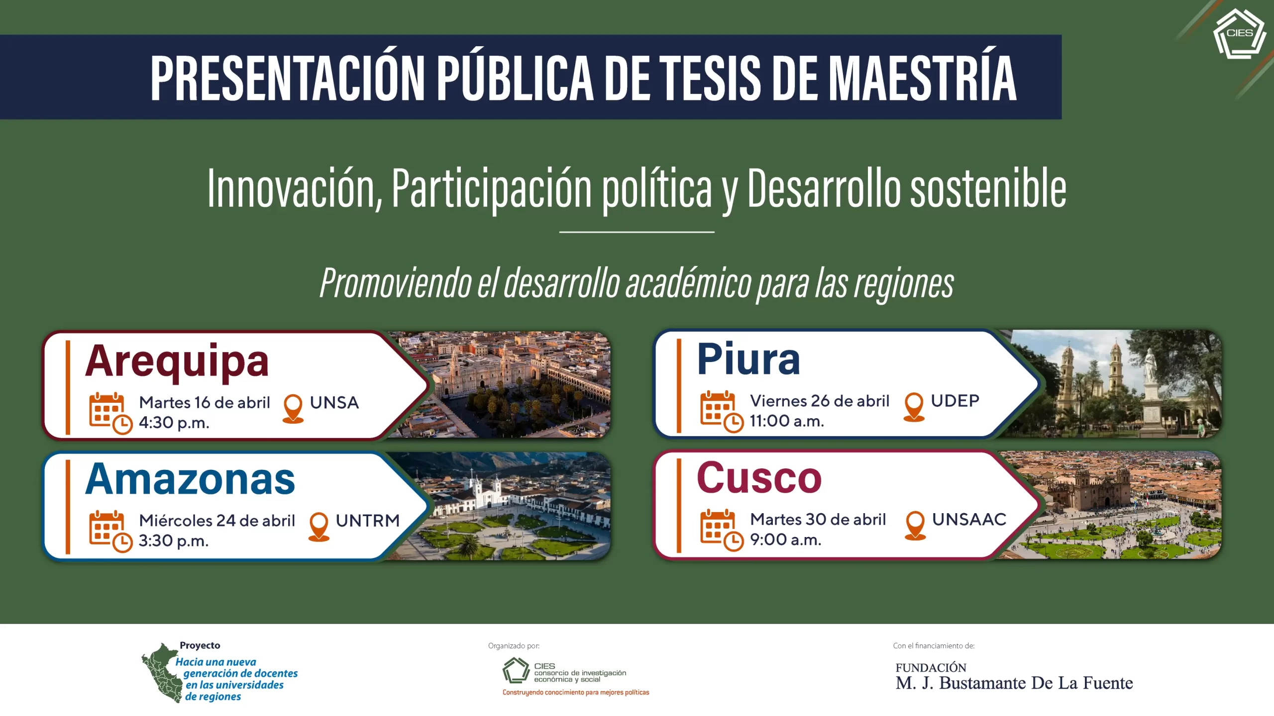 10 tesis de maestría promovidas por el CIES y la Fundación M. J. Bustamante se presentarán en Arequipa, Piura, Amazonas y Cusco